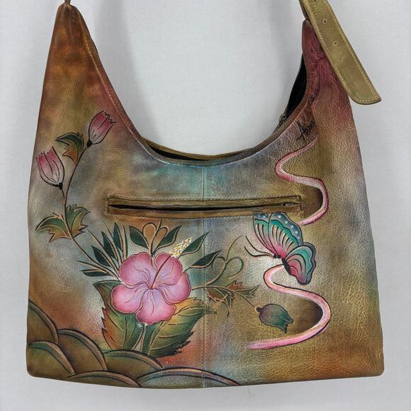 Anuschka Shoulder Bag Leather Hibiscus Flower Butterfly Hand Painted Handbag - Picture 5 of 14